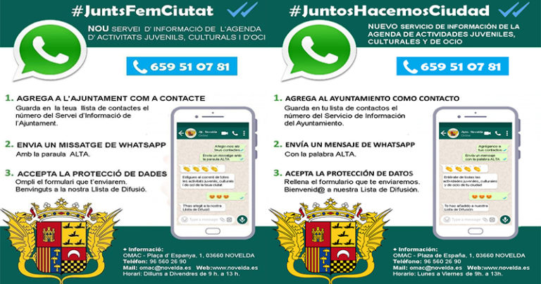 Cultura y Juventud ponen en funcionamiento una lista de difusión de Whatsapp con las actividades de Novelda