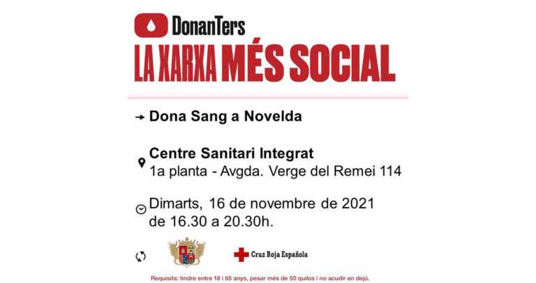 Hoy donación de sangre en Novelda donde es necesaria la de los grupos A+ y 0+ debido a su situación crítica de stock en Alicante