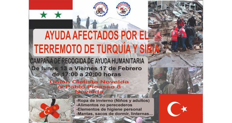 Unión Ciclista Novelda organiza una campaña de recogida de ayuda humanitaria por el terremoto de Siria y Turquía