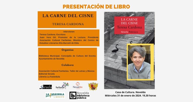 La Casa de Cultura de Novelda acogerá la presentación del libro ‘La Carne del Cisne’, de Teresa Cardona